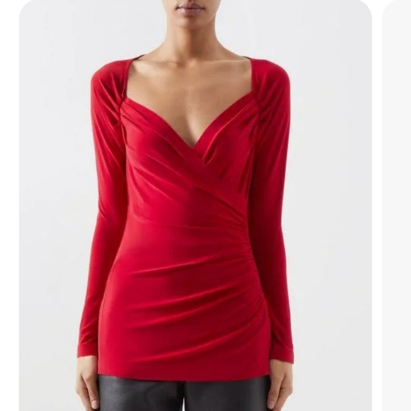 Norma Kamali Tops - Norma Kamali Long Sleeve Sweetheart Side Drape Top in Red